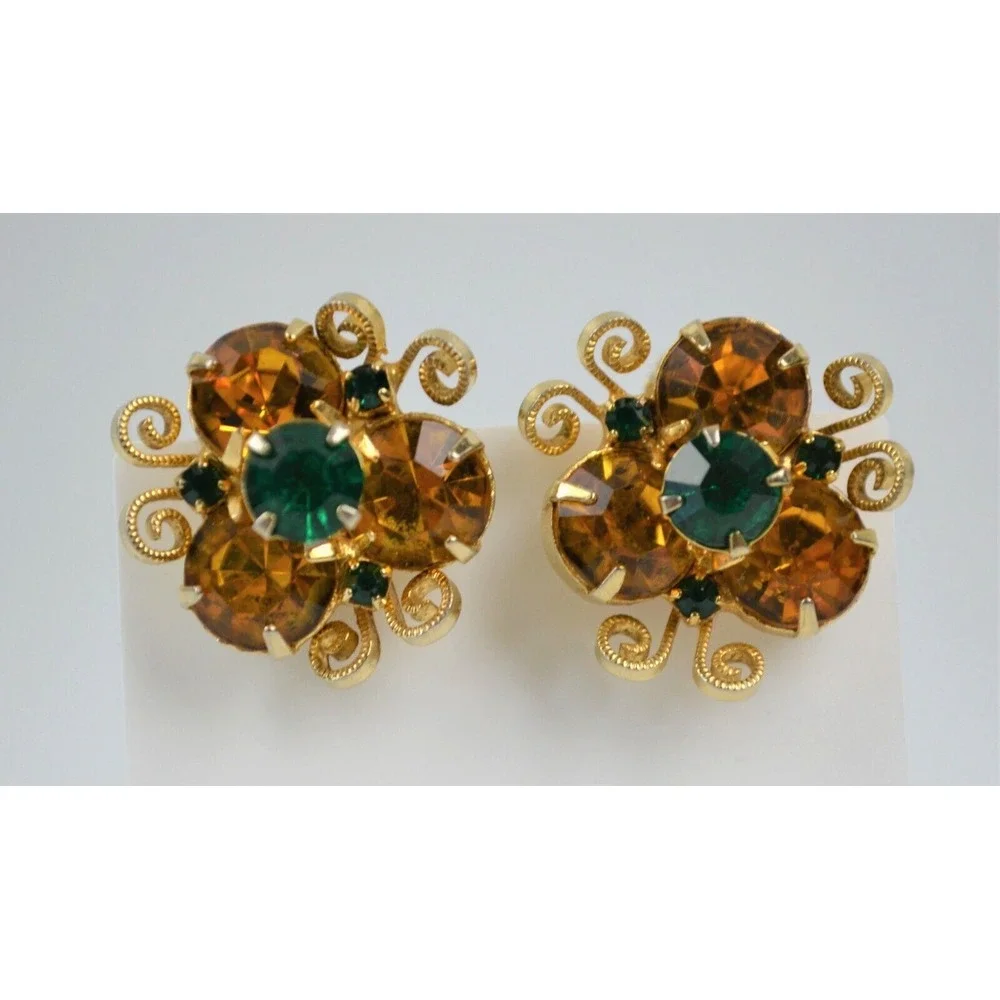 Vintage Gold Tone Metal Clip On Earrings Beautiful Orange &‎ Green Rhinestones